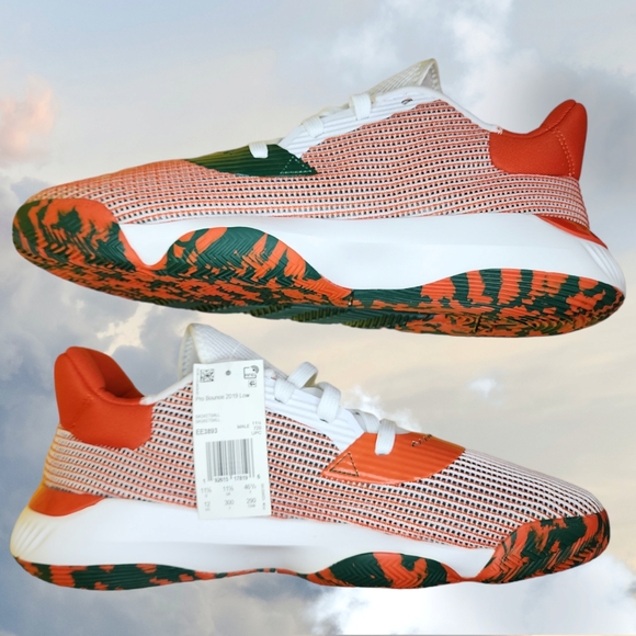 NWT Adidas USF Miami Hurricanes Basketball Pro Bounce 2019 Low Tops Size 12 Mens - Picture 5 of 16